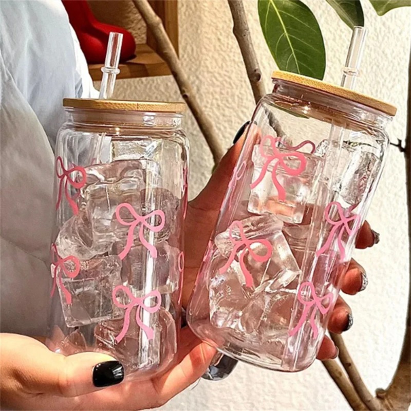 Bean Hopper Lid - 귀여운 리본 유리컵 500ml 텀블러 메이슨자