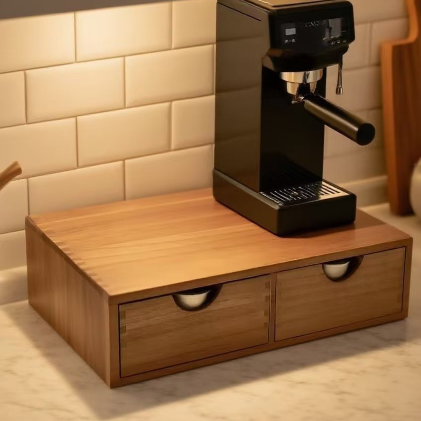 Coffee Equipment Bag - 미니멀리스트 원목 커피머신 받침대, 이중 서랍
