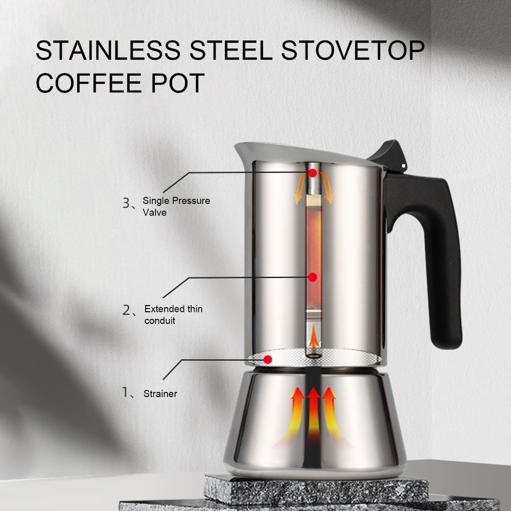 Coffee Equipment Wholesale - 스테인리스 스틸 모카포트 대용량 실버 스토브탑
